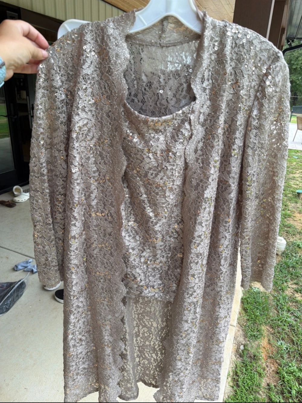 R&M Richards Taupe Sequin Lace mother of the bride outfit, 3 pieces